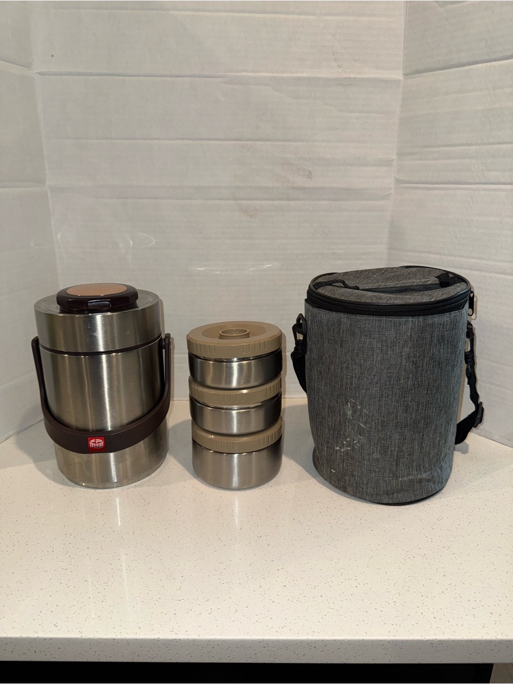 Stainless Steel Beige Stackable Food Container Set with Gray Carrying Case